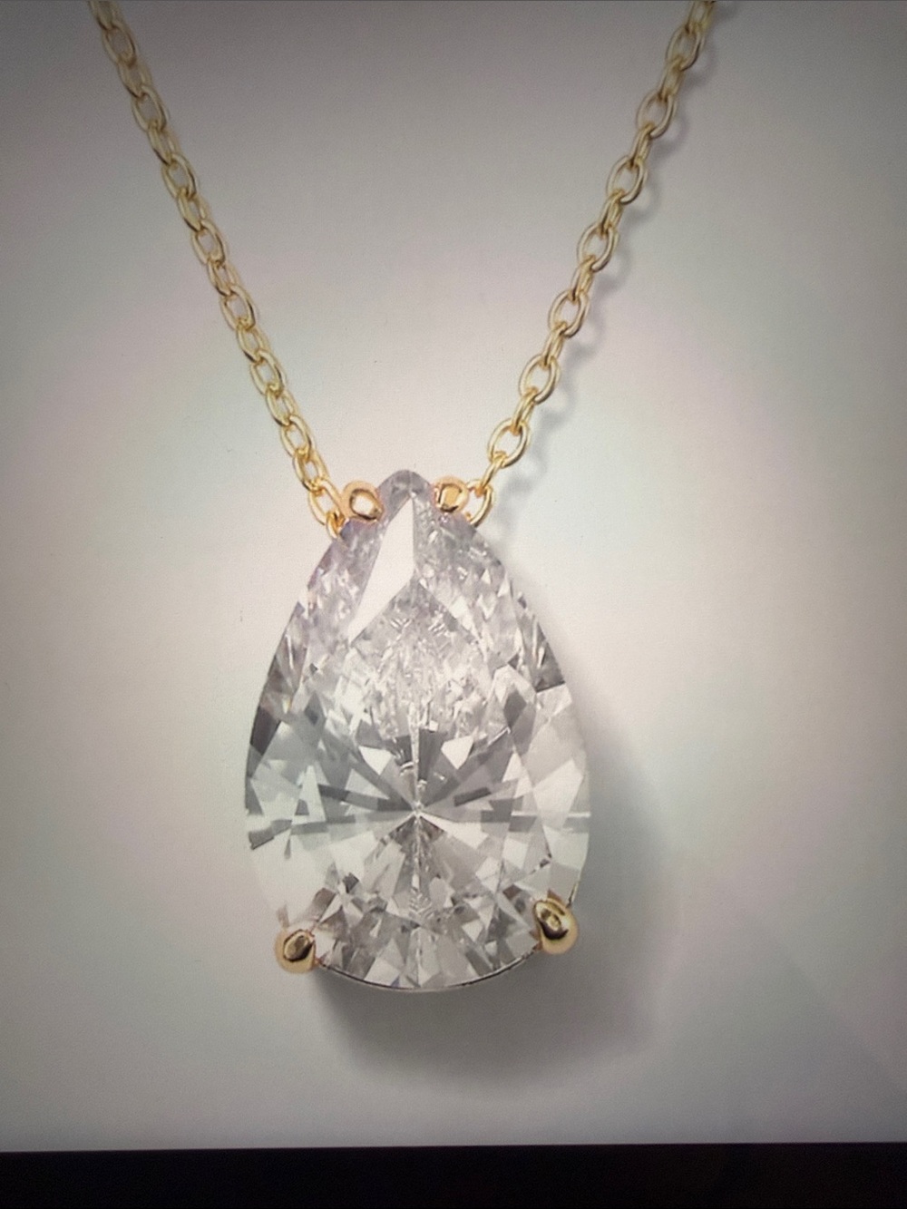 Gold Teardrop Pendant Necklace - White Stone - Picture 2 of 3